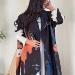 Black Orange Pattern Pleats Abaya With Matching Headscarf