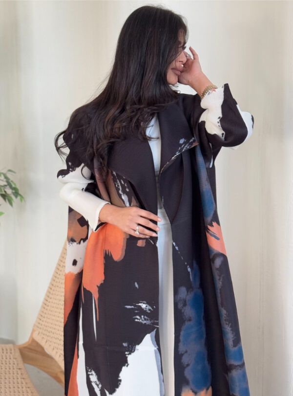 Black Orange Pattern Pleats Abaya With Matching Headscarf