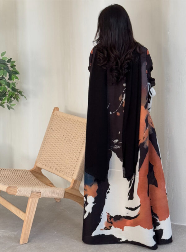 Black Orange Pattern Pleats Abaya With Matching Headscarf - Image 4