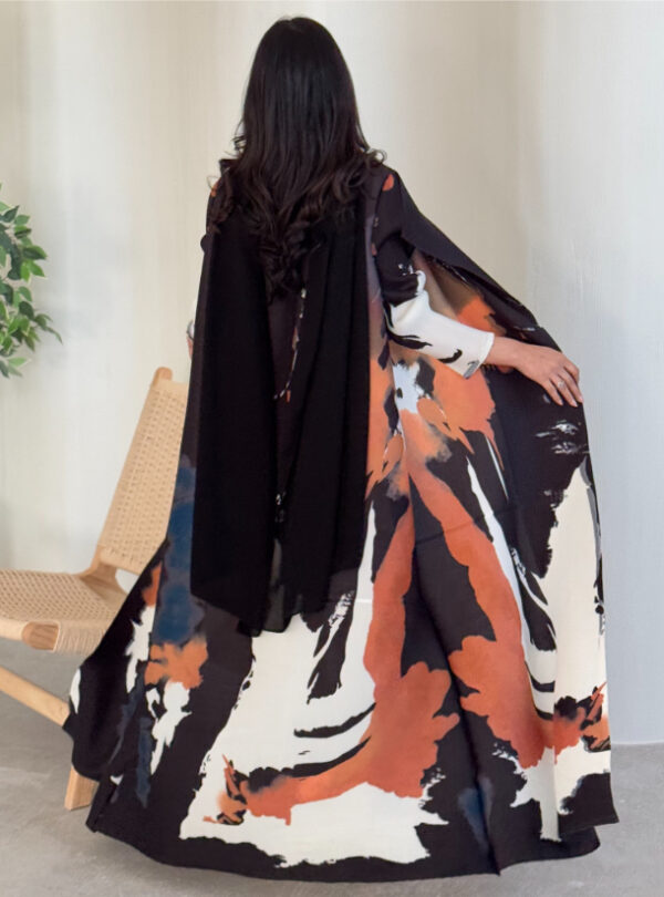 Black Orange Pattern Pleats Abaya With Matching Headscarf - Image 3