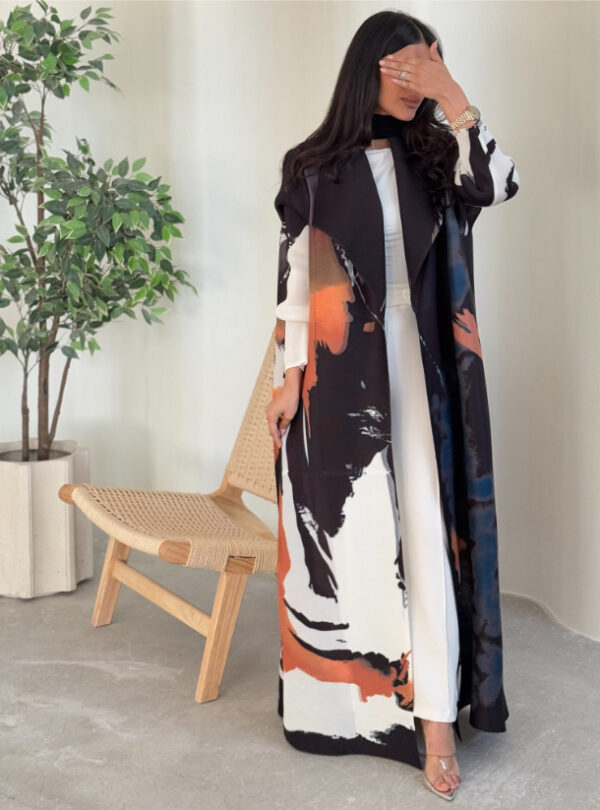 Black Orange Pattern Pleats Abaya With Matching Headscarf - Image 5