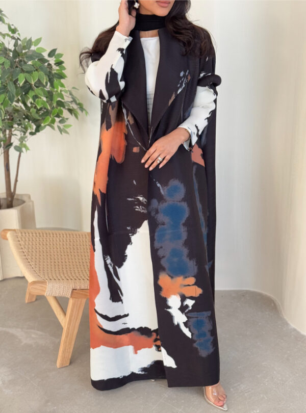Black Orange Pattern Pleats Abaya With Matching Headscarf - Image 6